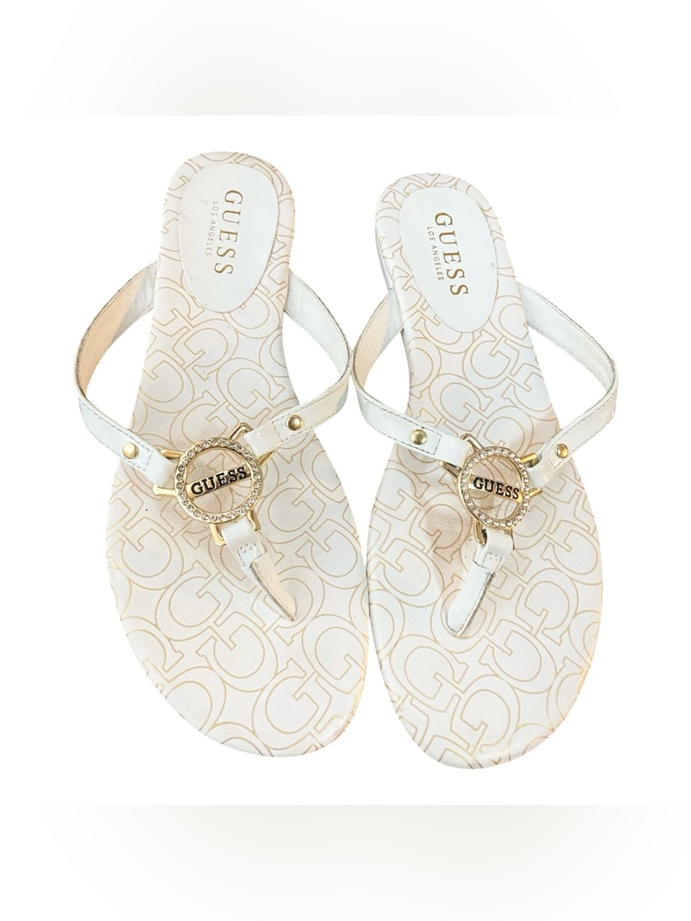 GUESS White and Gold Logo Sandals